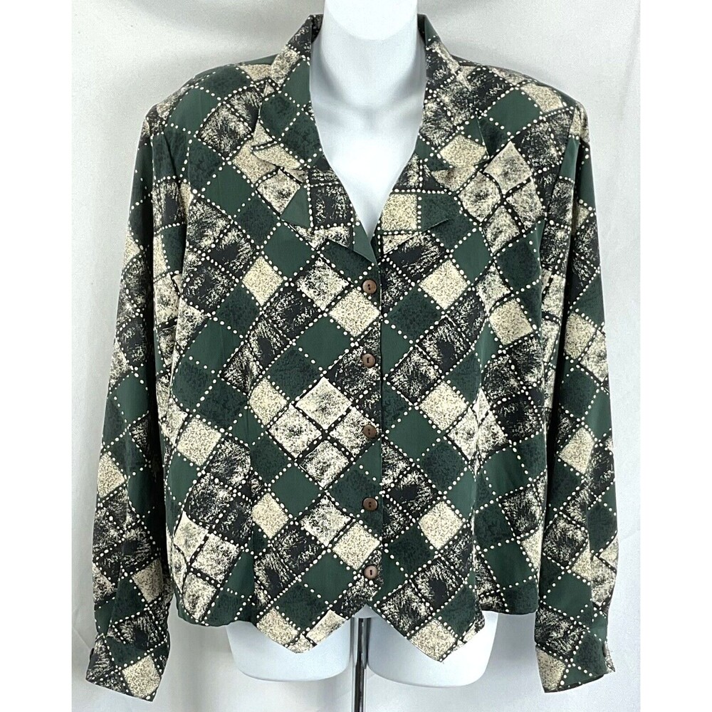 Vintage 80s Cropped Top Blouse 16W Green Windowpane Silky Cut Out Long Sleeve